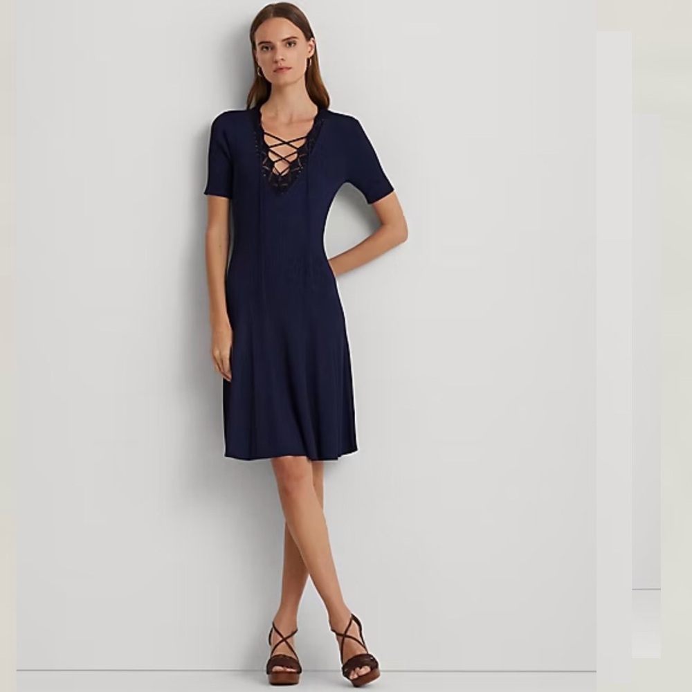 Ralph Lauren Black Label Lace-Trim Rib-Knit Dress Fit and Flare Dress Size XL